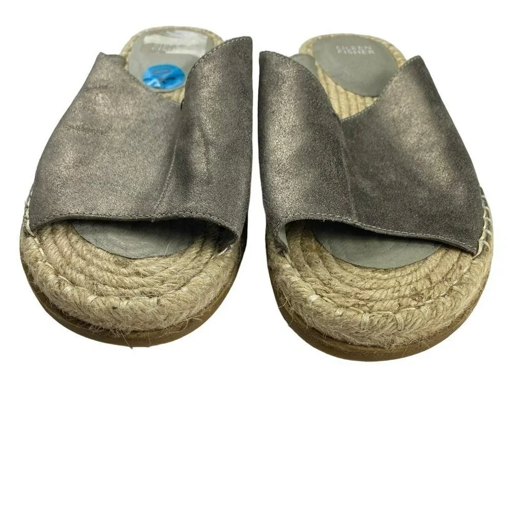 Eileen Fisher Metallic Pewter Milly Mule Espadrille Leather‎ Open Toe Sandals 10
